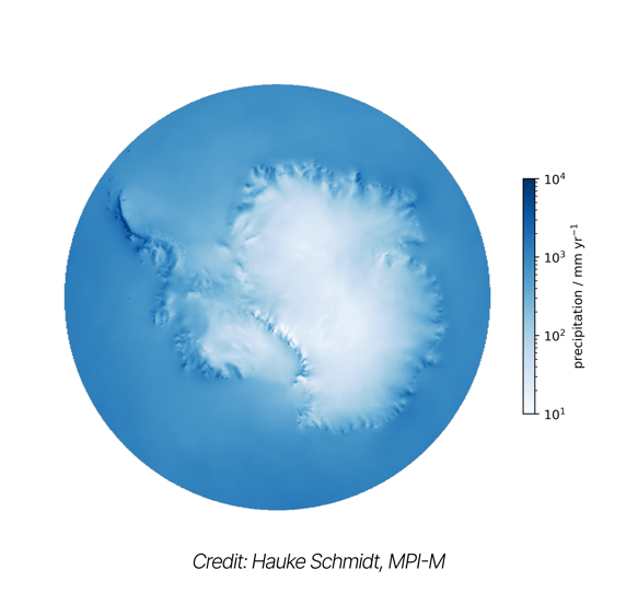 Annual precipitation over Antarctica as simulated by an ICON model at 2.5 km horizontal resolution, produced for the WCRP global km-scale hackathon (2025).